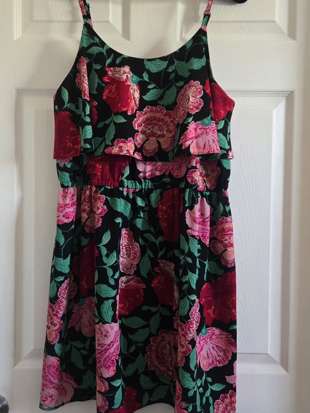 Elle Black Floral Ruffle Spaghetti-Strap Dress with Pink & Green Accents